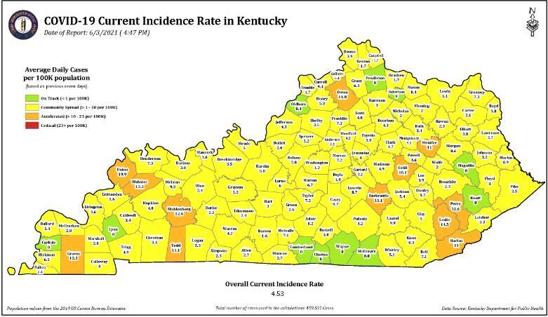 Kentucky COVID incidence rate map 6/3/21